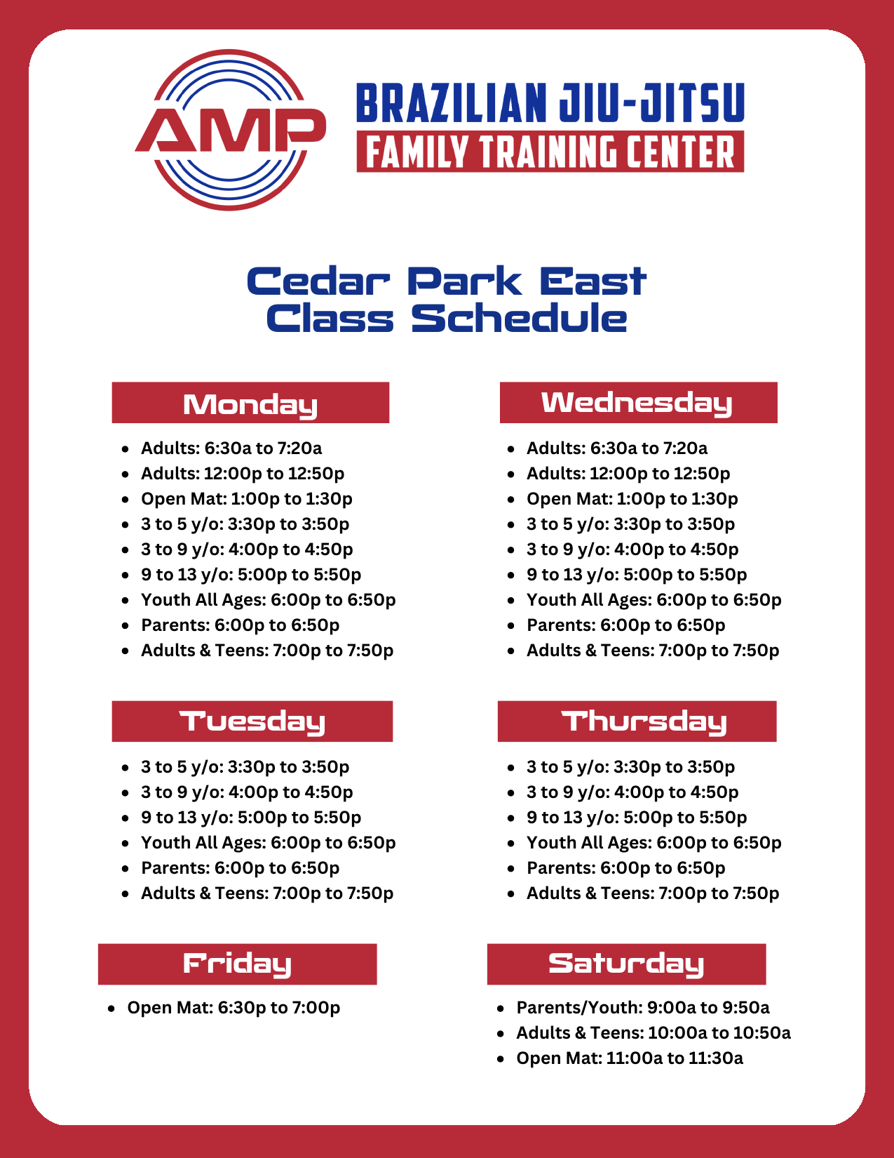 Cedar Park regular class schedule