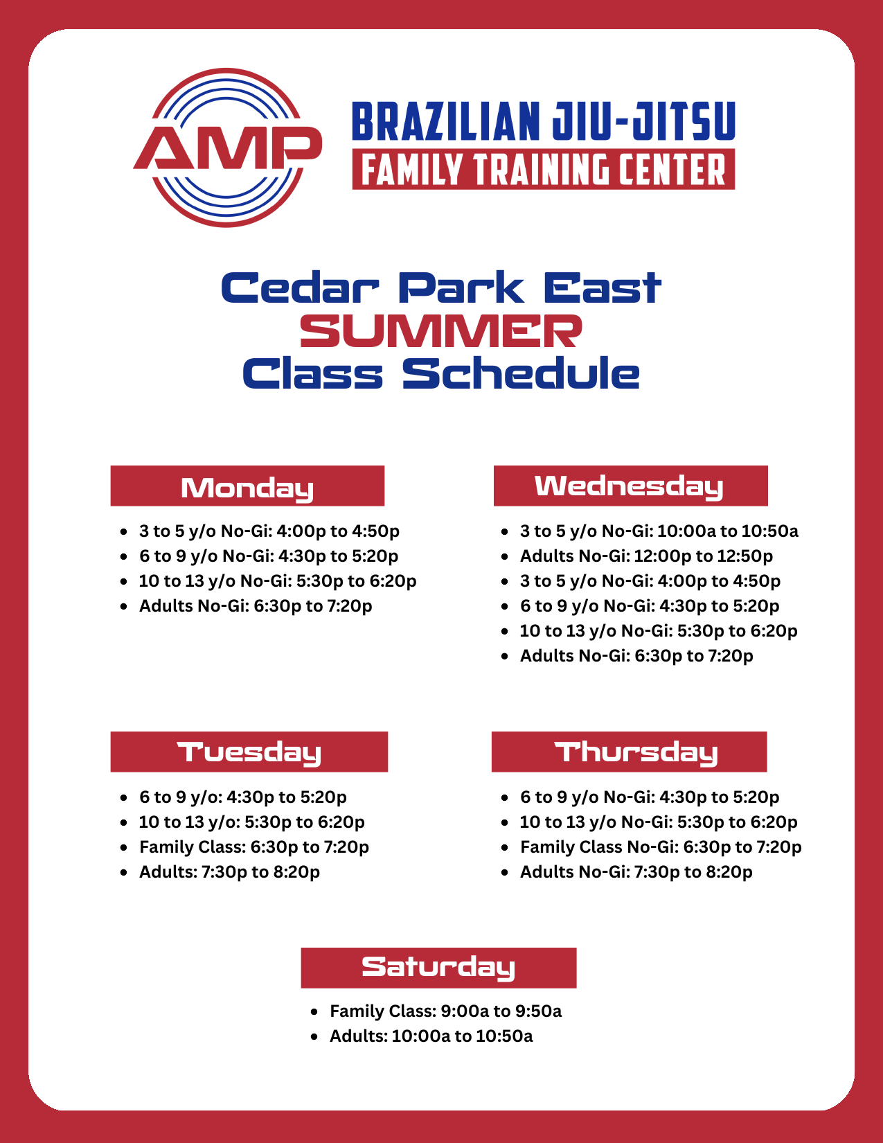 Cedar Park summer class schedule