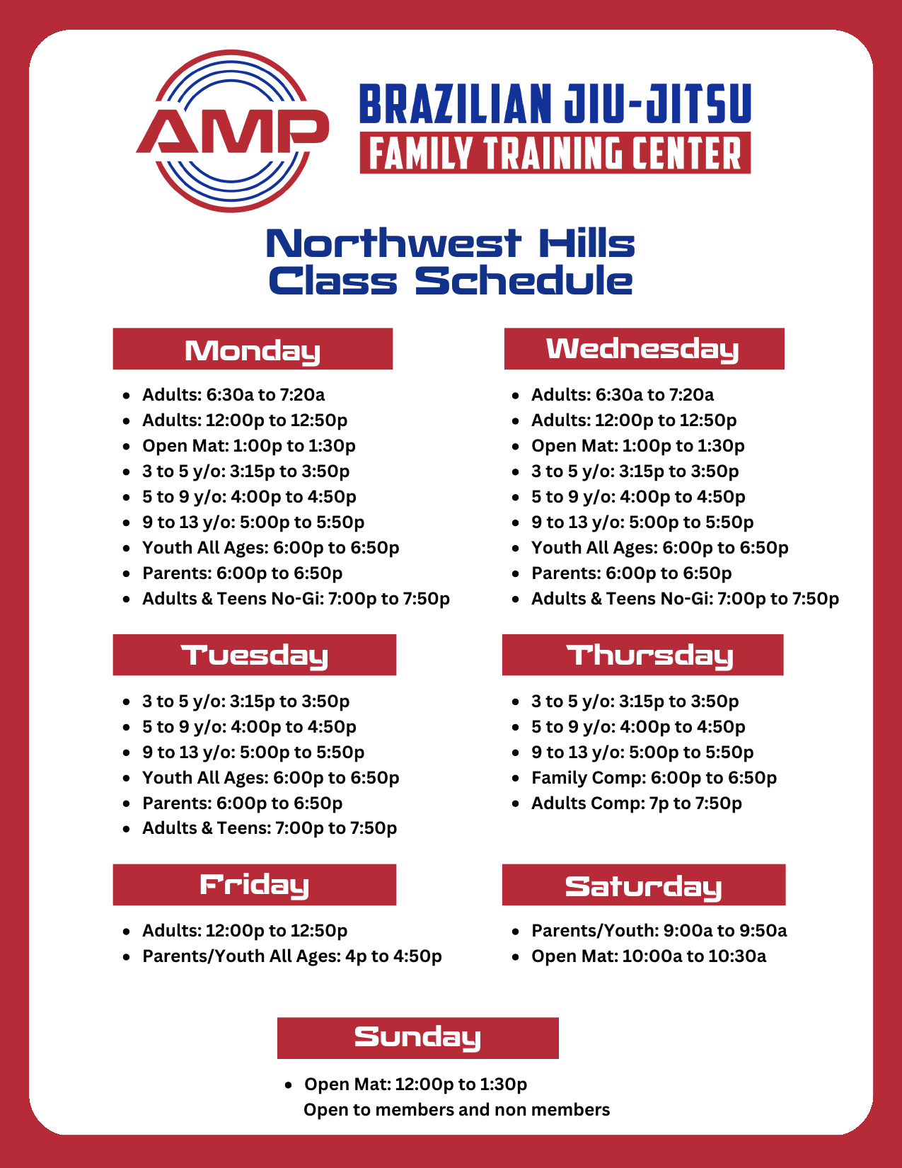Northwest Hills regular class schedule