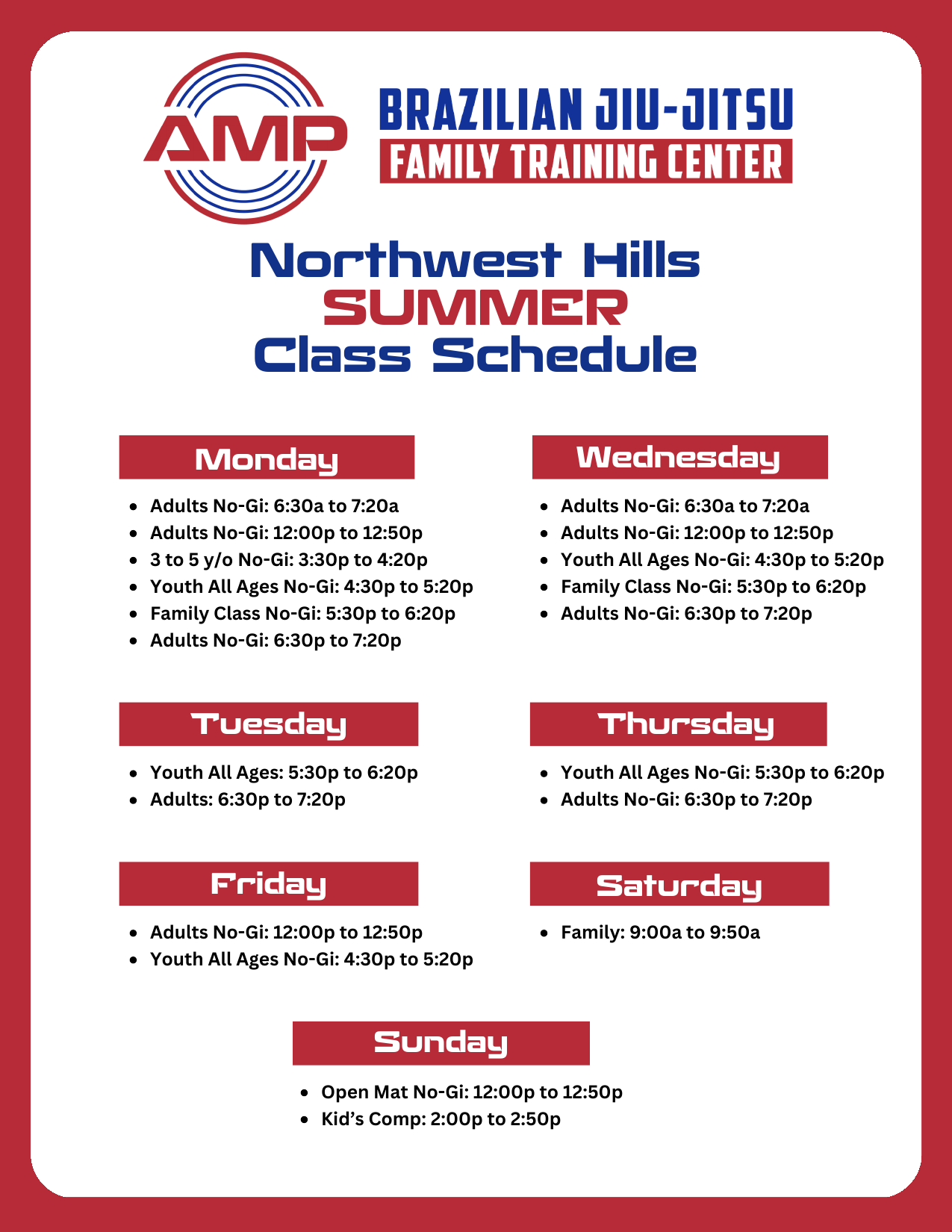 Northwest Hills summer class schedule