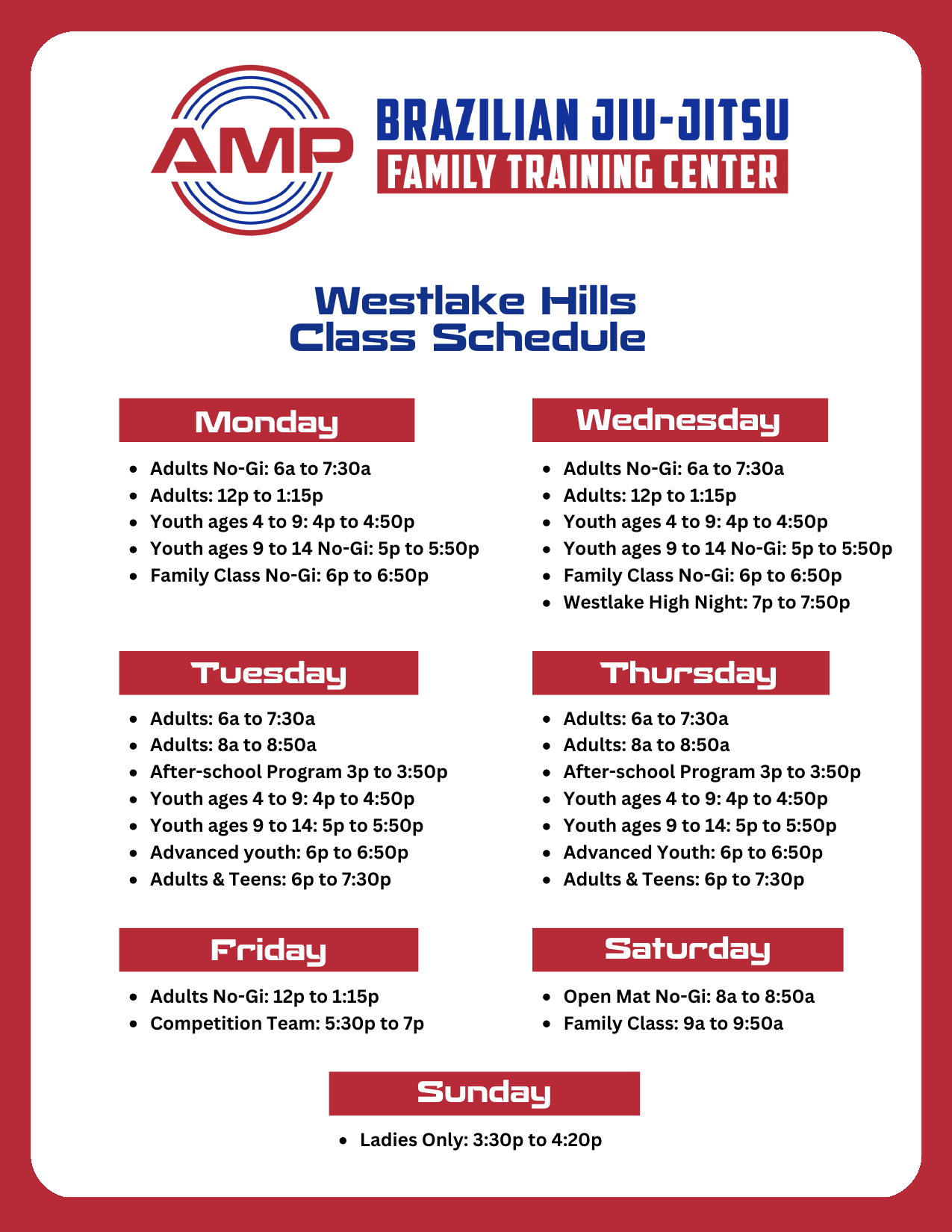 Westlake Hills regular class schedule